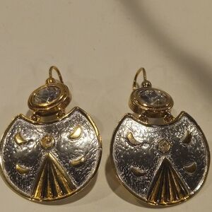 Unique Vintage Vicenza Italian Gold Tone 925 Silver Earrings With Clear Crystals